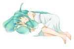 animal_ears bad_id bad_pixiv_id barefoot carbuncle_(final_fantasy) closed_eyes dress facial_mark feet final_fantasy forehead_mark full_body green_hair long_hair lying on_side pen_(pen3) personification simple_background sleeping solo tail white_background 