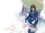  blush cat copyright_request fog green_hair japanese_clothes kimono long_hair morifumi sandals smile solo squatting umbrella 