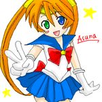  back_bow bishoujo_senshi_sailor_moon blue_sailor_collar blue_skirt bow cosplay cowboy_shot heterochromia kagurazaka_asuna long_hair lowres magical_girl mahou_sensei_negima! oekaki red_bow sailor_collar sailor_moon sailor_moon_(cosplay) sailor_senshi_uniform skirt solo tsukino_usagi v very_long_hair 