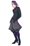  advance_wars advance_wars:_dual_strike arms_behind_back boots eyeshadow full_body garrison_cap hat high_heels highres hirata_ryou knee_boots lips makeup male_focus military military_uniform official_art purple_hair shoes simple_background snake_(advance_wars) solo standing uniform 