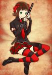  amami_haruka bad_id bad_pixiv_id boots bow brown_hair dark_haruka elbow_gloves fingerless_gloves gloves green_eyes hair_bow idolmaster idolmaster_(classic) idolmaster_live_for_you! katana necktie plaid plaid_skirt punk punkish_gothic sitting skirt smile solo striped striped_legwear sword thighhighs weapon yoichi_(pixiv55050) zettai_ryouiki 