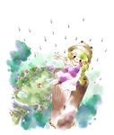  bangs blush_stickers hat mana_(artist) moriya_suwako outstretched_arm rain sitting solo touhou 