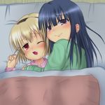  artist_request blonde_hair blue_hair blush fang furude_rika futon hairband higurashi_no_naku_koro_ni houjou_satoko lowres multiple_girls non-web_source one_eye_closed open_mouth pajamas purple_eyes red_eyes smile under_covers 