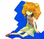  ankle_boots artist_request bangs bare_shoulders boots drill_hair expressionless flat_chest full_body green_eyes hair_between_eyes junmai_karin long_hair looking_away lowres medarot orange_hair scrunchie shirt simple_background sitting skirt sleeveless sleeveless_shirt socks solo turtleneck twin_drills twintails yokozuwari 