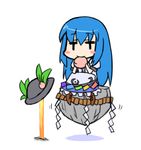  chibi eating food fruit hat hat_removed headwear_removed hinanawi_tenshi holding holding_food holding_fruit keystone leaf long_hair lowres nekoyama peach rope shimenawa sitting solo sword sword_of_hisou touhou weapon 