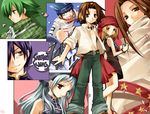  5boys asakura_hao asakura_you belt blonde_hair blue_hair brown_eyes brown_hair dress green_eyes green_hair hairband hat iron_maiden_jeanne jewelry kurot kyouyama_anna lyserg_diethel multiple_boys multiple_girls necklace open_clothes open_shirt red_eyes shaman_king shirt tao_ren usui_horokeu yellow_eyes 