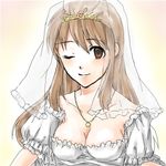  asahina_mikuru breasts bridal_veil bride brown_eyes brown_hair cleavage dress jewelry long_hair lowres medium_breasts necklace one_eye_closed solo suzumiya_haruhi_no_yuuutsu tomyrliy veil wedding_dress 