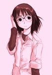  androgynous flat_chest genshiken glasses monochrome ogiue_chika pink_background sakaki_imasato simple_background sleeves_rolled_up solo 