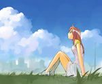  blue_eyes cloud copyright_request day grass ikeda_jun_(mizutamari) raglan_sleeves red_hair sitting skirt sky solo 
