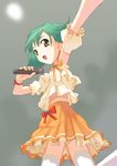  :d bangs bow detached_sleeves frilled_skirt frills from_below green_hair grey_background holding holding_microphone macross macross_frontier microphone open_mouth orange_eyes orange_skirt outstretched_arm ranka_lee ribbon short_hair skirt smile solo thighhighs upshirt upskirt white_legwear wrist_ribbon yamamoto_shima 
