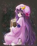  book bow hat kubozuka_pikurou long_hair patchouli_knowledge pink_bow purple_hair ribbon solo touhou 