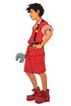  advance_wars advance_wars:_dual_strike black_eyes black_hair boots full_body hand_on_hip highres hirata_ryou male_focus military military_uniform official_art profile ryou_(advance_wars) shorts simple_background sleeves_rolled_up smile solo standing star suspenders uniform wrench 