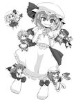 6+girls :d apron ascot beret book bucket chibi collar crossed_arms crystall demon_girl dress eating fang flandre_scarlet flying frills greyscale grimoire grin hat hong_meiling izayoi_sakuya jitome koakuma looking_at_viewer mob_cap monochrome multiple_girls niji_(nijioki) open_mouth patchouli_knowledge puffy_short_sleeves puffy_sleeves reading remilia_scarlet short_sleeves simple_background size_difference smile star succubus teeth tooth touhou vampire waist_apron white_background wrist_cuffs |_| 