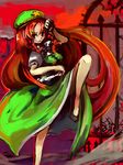  beret blue_eyes braid china_dress chinese_clothes dress fighting_stance flats gat green_dress hat hong_meiling long_hair looking_at_viewer luft puffy_short_sleeves puffy_sleeves red_hair shoes short_sleeves solo star touhou twin_braids very_long_hair 