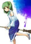  bad_id bad_pixiv_id broom broom_riding frog green_hair kochiya_sanae long_hair sad sandals snake solo touhou yakusa 