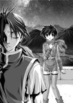  1girl blush gensou_suikoden gensou_suikoden_i gensou_suikoden_ii greyscale kasumi_(suikoden) kedo_mitsuharu monochrome ninja sad short_hair thighhighs tir_mcdohl 