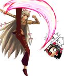  dateya_torahachi fujiwara_no_mokou genocide_cutter hair_ribbon hakurei_reimu highres kicking long_hair midriff parody red_eyes ribbon rugal_bernstein snk the_king_of_fighters touhou white_hair yukkuri_shiteitte_ne 