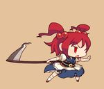  bangs bare_arms brown_background chibi dress fighting_stance full_body hair_bobbles hair_ornament holding holding_scythe japanese_clothes jitome legs_apart mota onozuka_komachi open_hand outstretched_arms puffy_short_sleeves puffy_sleeves red_eyes red_footwear red_hair sash scythe shoes short_hair short_sleeves simple_background socks solo standing touhou two_side_up v-shaped_eyebrows white_legwear 