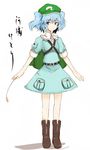  ankle_boots backpack bag belt blue_dress blue_eyes blue_hair blush boots brown_footwear dress full_body hat holding kawashiro_nitori key pocket short_hair short_sleeves simple_background smile solo standing takaharu touhou two_side_up white_background 