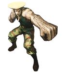  belt blonde_hair blue_eyes boots camouflage capcom dog_tags guile highres male_focus military muscle nona official_art punching solo street_fighter svc_chaos tattoo 