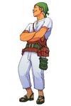  advance_wars advance_wars:_dual_strike bag bandana bee_(advance_wars) belt belt_pouch closed_eyes crossed_arms feet highres hirata_ryou male_focus official_art pouch profile sandals satchel sideburns simple_background smile solo standing tan white_hair 