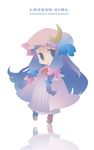  bow chibi crescent hair_bow hat inuinui long_hair patchouli_knowledge pink_bow purple_eyes purple_hair reflection solo touhou 