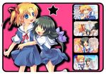  &gt;_&lt; 2girls 4koma chestnut_mouth clannad closed_eyes comic genderswap genderswap_(mtf) hikarizaka_private_high_school_uniform hug ibuki_fuuko multiple_girls okazaki_tomoya satomi_yoshitaka school_uniform sunohara_youko translated 