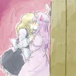  against_wall blonde_hair blush bookshelf hat kirisame_marisa kiss long_hair multiple_girls patchouli_knowledge purple_hair rotan sketch sweatdrop theft touhou yuri 