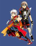  blue_background dual_wielding freyjadour_falenas gensou_suikoden gensou_suikoden_iv gensou_suikoden_v holding lazlo male_focus moon_source multiple_boys staff sword three_section_staff weapon 