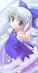  blue_eyes blue_hair bow cirno kusakami_akira pointing ribbon short_hair smile solo touhou wings 