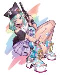  1girl aqua_hair bandaid bare_shoulders blue_eyes boots bracelet chains choker clothes_around_waist ear_piercing gun handgun hat high_heels highres holding holding_gun holding_weapon jewelry looking_at_viewer original piercing puppeteer7777 revolver sanpaku shorts solo tattoo toeless_boots weapon 