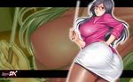 action_pizazz ass black_hair breasts glasses hand_on_hip highres huge_breasts impossible_clothes long_hair pantyhose pencil_skirt saigadou sideboob skirt solo teacher wallpaper zoom_layer 