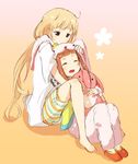  2girls animal_costume animal_ears blonde_hair brown_eyes brown_hair bunny_costume bunny_ears capelet child eyes_closed futaba_anzu hand_on_head hug ichihara_nina idolmaster idolmaster_cinderella_girls long_hair lowres multiple_girls open_mouth osakana_(youkina_kabe) pat sakasana_(kaisen_teikoku) shirt simple_background striped stuffed_animal stuffed_toy twintails very_long_hair 