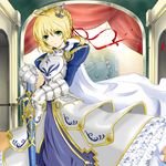  :o adapted_costume ahoge armor armored_dress artoria_pendragon_(all) blonde_hair caliburn cape crown fate/stay_night fate_(series) faulds frills gauntlets green_eyes hair_ribbon hands_on_hilt highres kiryu_(1003) lion mini_crown puffy_sleeves ribbon saber sheath sheathed solo standing sword weapon 