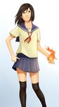  bad_id bad_pixiv_id black_hair brown_eyes copyright_request fire hand_on_hip hentai_oyaji highres looking_at_viewer looking_down magic school_uniform serafuku skirt solo standing thighhighs 