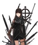  black_hair bolt_action brown_eyes chain fingerless_gloves gloves gun highres insignia machine_gun madu mauser_98 mg34 mg42 mp40 original rifle shorts simple_background solo straight_hair submachine_gun thigh_strap uniform weapon 