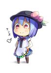  &gt;:) alternate_hair_length alternate_hairstyle bad_id bad_pixiv_id blue_hair blush_stickers boots bow chibi food fruit hands_on_hips hat hinanawi_tenshi leaf peach puffy_sleeves red_eyes shindou_kamichi short_hair short_sleeves simple_background smile solo standing thigh_boots thighhighs touhou v-shaped_eyebrows white_background 