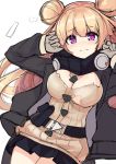  1girl absurdres belt belt_pouch black_scarf black_skirt blonde_hair blush breasts double_bun facing_viewer flustered girls_frontline gloves green_jacket hair_bun highres hk23_(girls_frontline) jacket large_breasts long_hair miniskirt ohshit pouch purple_eyes scarf side_bun skirt sweater torn_clothes white_background yellow_sweater 