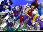  80s arm_cannon astrotrain bishounen cloud day decepticon gundam gundam_00 lips male_focus mecha multiple_boys no_humans oekaki oldschool parody reno-kichi robot rock science_fiction shockwave_(transformers) sitting sky soundwave starscream transformers translated waving weapon 