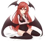  bad_id bad_pixiv_id bat_wings bed_sheet black_legwear bottomless breasts dress_shirt hand_on_own_chin head_wings koakuma large_breasts long_hair long_sleeves looking_at_viewer low_wings muttan_(ashiru-f) red_eyes red_hair shirt simple_background sitting skirt skirt_set smile solo thighhighs touhou very_long_hair vest wariza white_background wings 