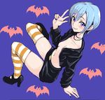  bat bats blue_eyes blue_hair blush capcom hakase_tatsurou high_heels jacket jewelry lilith_aensland miniskirt nail_polish necklace no_bra open_clothes shoes short_hair sitting skirt small_breasts smile striped vampire_(game) 