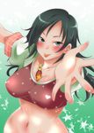  between_breasts black_hair breasts cleavage curvy green_eyes idolmaster idolmaster_cinderella_girls kazahana_chiruwo large_breasts looking_up navel outstretched_arms solo star tongue tongue_out trainer_(idolmaster) veteran_trainer 