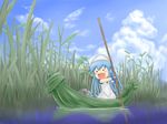  1girl blue_hair blush boat bracelet chibi cloud day grass ikamusume jewelry mini-ikamusume minigirl oniyan pole rock shinryaku!_ikamusume sky solo water watercraft 