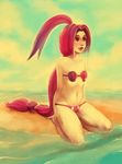  beach bikini blush collarbone eyelashes flat_chest full_body gen_3_pokemon glitchedpuppet gorebyss groin highres hips kneeling light_smile lips long_hair looking_away low-tied_long_hair lowleg lowleg_bikini navel nose ocean personification pink pink_bikini pink_hair pokemon ponytail realistic sand shell shell_bikini signature solo swimsuit thighs very_long_hair water 