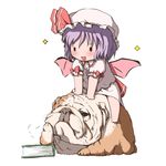  :d animal bat_wings blush book bulldog chibi dog hand_on_own_face hat hat_ribbon open_mouth purple_hair remilia_scarlet ribbon sitting smile solid_oval_eyes solo sparkle touhou uhhohho wings 