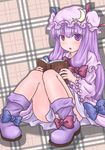  bad_id bad_pixiv_id blush book bow crescent hair_bow hat highres long_hair magic_circle open_mouth patchouli_knowledge purple_eyes purple_hair sitting solo takanoru touhou very_long_hair 