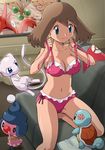  1girl bikini blue_eyes bonsly breasts brown_hair corphish crawdaunt dressing erect_nipples haruka_(pokemon) large_breasts mew mime_jr. mound_of_venus navel peeking pokemoa pokemon pokemon_(anime) soara squirtle swimsuit 