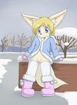 blue_eyes boots canine clothing cub delicious_(artist) female fennec fox hair legwear long_ears mammal nude pussy skirt snow stockings tree winter wood young 