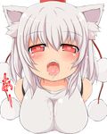  animal_ears bare_shoulders blush breasts drooling face goyouga-deann hat heart heart-shaped_pupils inubashiri_momiji large_breasts open_mouth red_eyes saliva short_hair silver_hair simple_background solo symbol-shaped_pupils tokin_hat tongue touhou upper_body white_background wolf_ears 