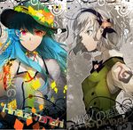  adapted_costume ahoge bad_id bad_pixiv_id blue_eyes blue_hair bow character_name choker flower food fruit hairband hat hat_bow hinanawi_tenshi konpaku_youmu leaf long_hair long_sleeves lowres multiple_girls naye peach red_eyes sheath sheathed short_hair silver_hair smile sword sword_of_hisou touhou very_long_hair weapon 